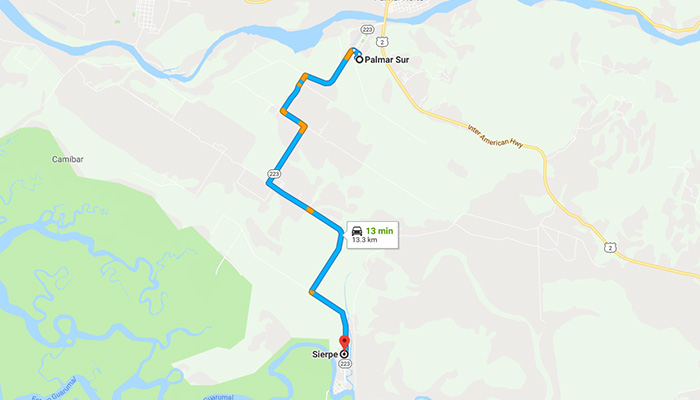 Palmar Sur to Sierpe map
